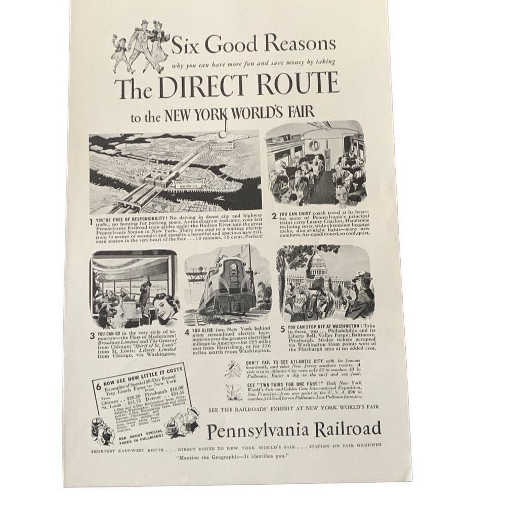 Vintage 1939 Pennsylvania Railroad Worlds Fair Ad Advertisement